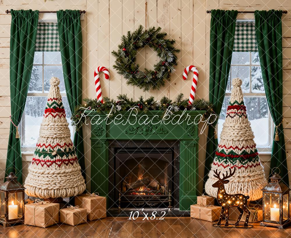 Kate Christmas Fireplace Yarn Trees Presents Backdrop Designed by Emetselch -UK
