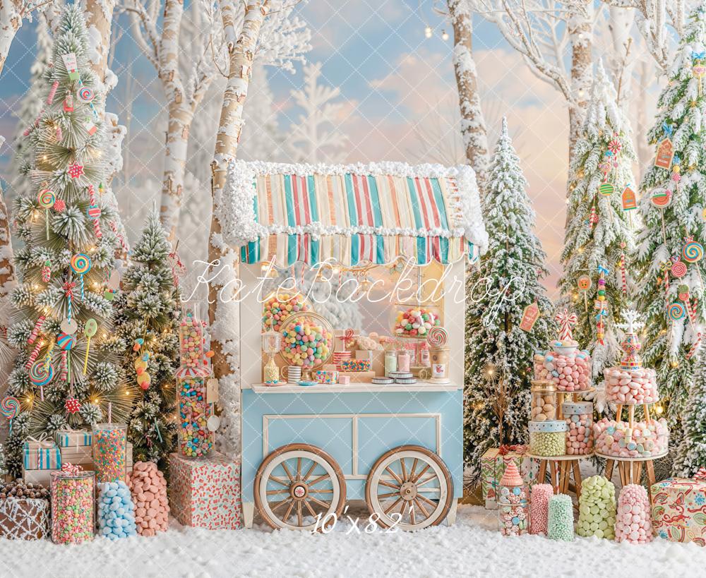 Kate Christmas Candy Cart Snowy Trees Fleece Backdrop Designed by Emetselch -UK