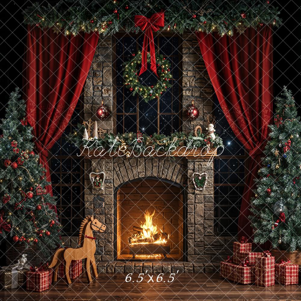 Kate Dark Christmas Fireplace Trees Backdrop Designed by Emetselch