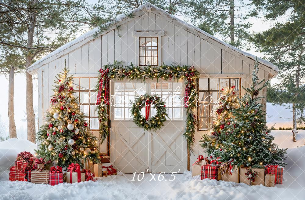 Kate Christmas Snow Cottage Trees Presents Backdrop Designed by Emetselch -UK