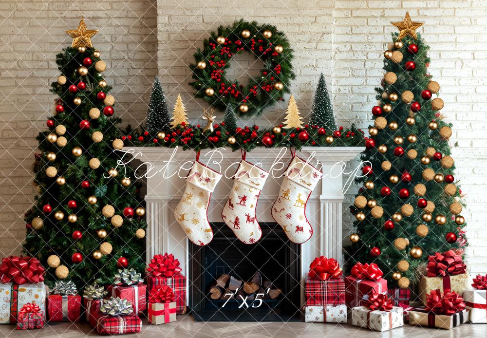 Kate Christmas Fireplace Stockings Trees Backdrop Designed by Mini MakeBelieve