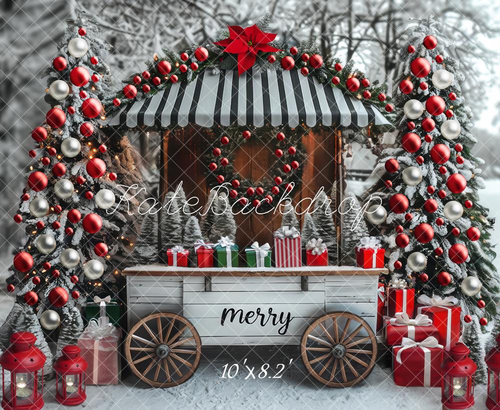 Kate Christmas Cart Presents Snowy Trees Backdrop Designed by Mini MakeBelieve -UK