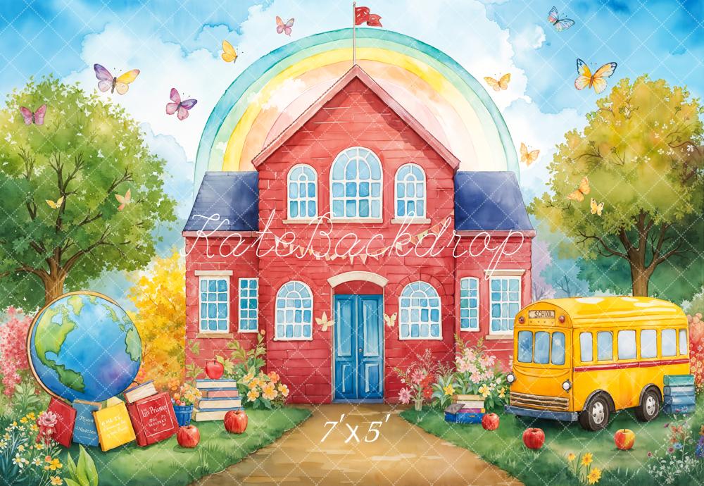Kate Back To School Red house Bus Rainbow Backdrop Designed by Emetselch