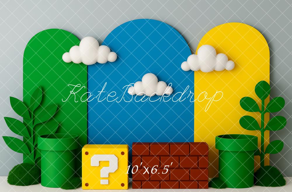 Kate Game Pipes Block Brick Clouds Backdrop Designed by Patty Robert