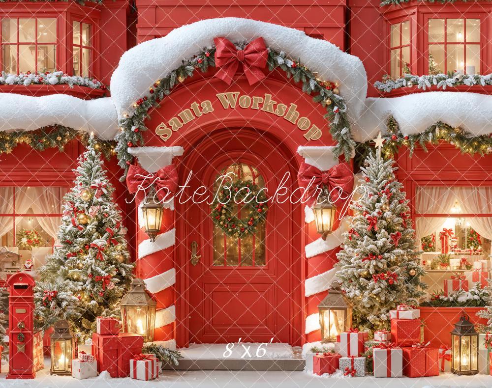 Kate Christmas Santa Workshop Snowy Trees Presents Fleece Backdrop Designed by Emetselch -UK