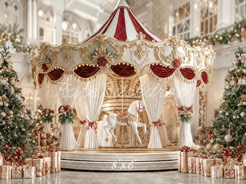 Kate Christmas Carousel Trees Presents Fleece Backdrop Designed by Emetselch -UK