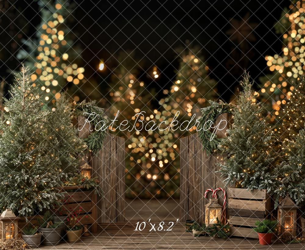 Kate Christmas Trees Wooden Fence Bokeh Backdrop Designed by Emetselch -UK