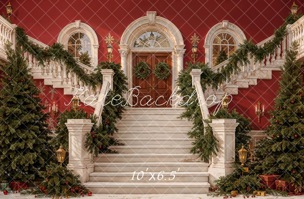 Kate Christmas Cascading Stairs Garland Red Fleece Backdrop Designed by Emetselch -UK