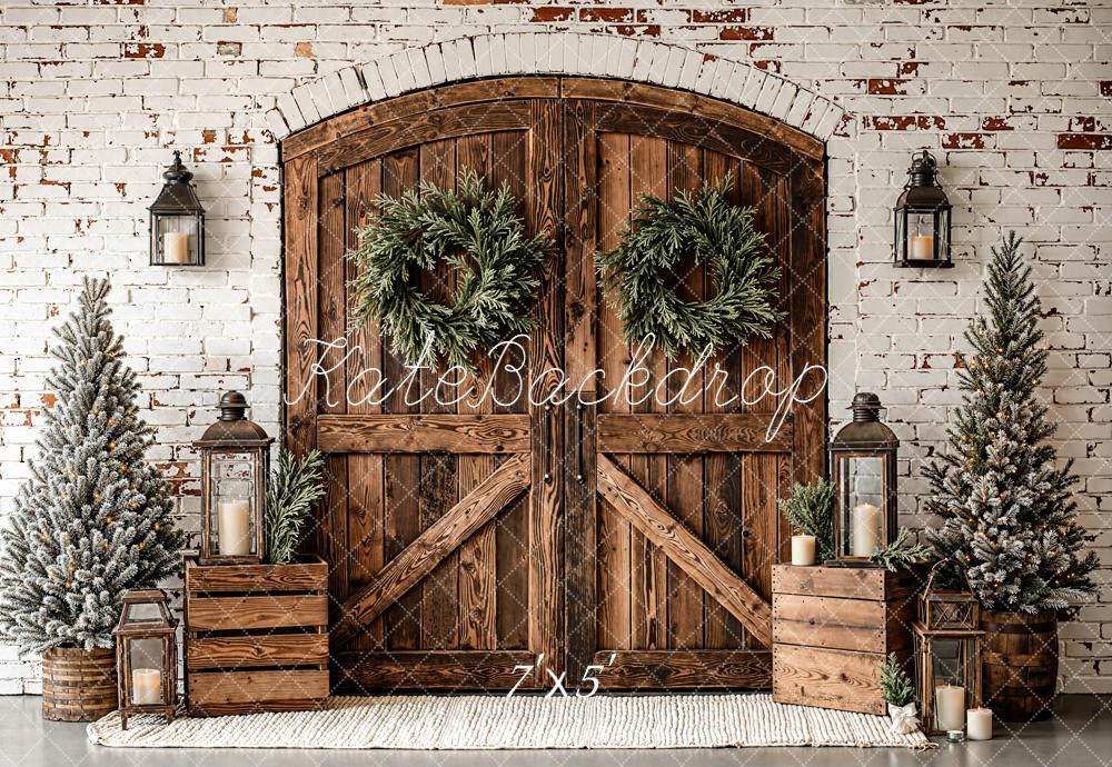 Kate Christmas Wooden Door Brick Wall Trees Backdrop Designed by Emetselch -UK
