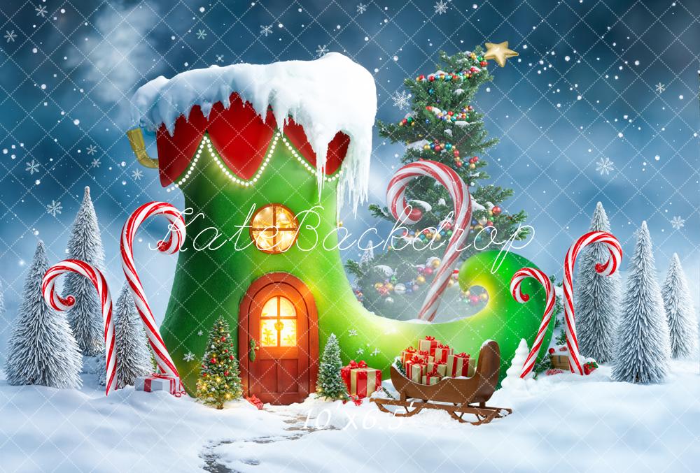 Kate Christmas Elf Shoe Tree Candy Canes Fleece Backdrop Designed by Emetselch -UK