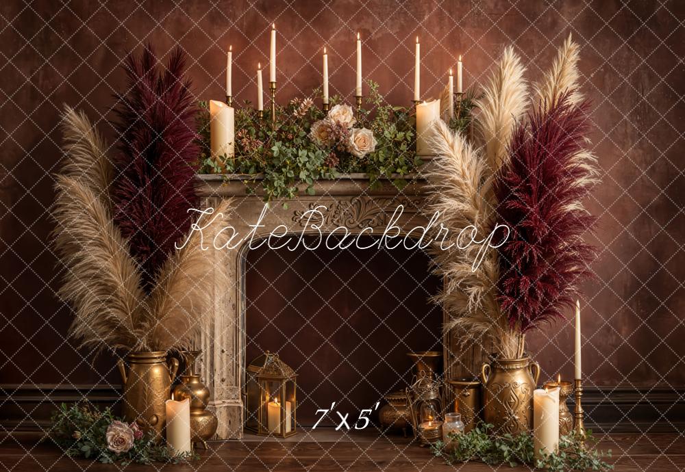 Kate Vintage Fireplace Pampas Candles Floral Backdrop Designed by Emetselch