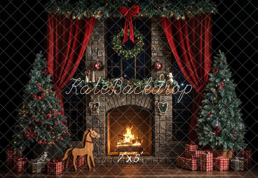 Kate Dark Christmas Fireplace Trees Backdrop Designed by Emetselch