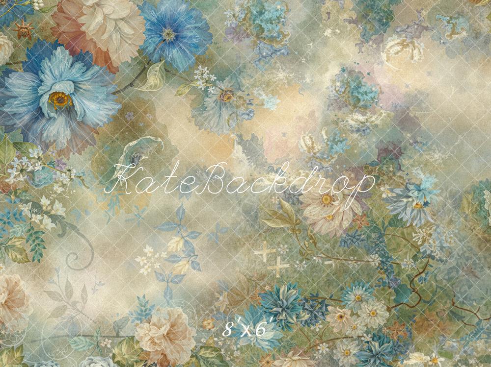 Kate Vintage Blue Beige Flowers Fleece Backdrop Designed by Emetselch -UK