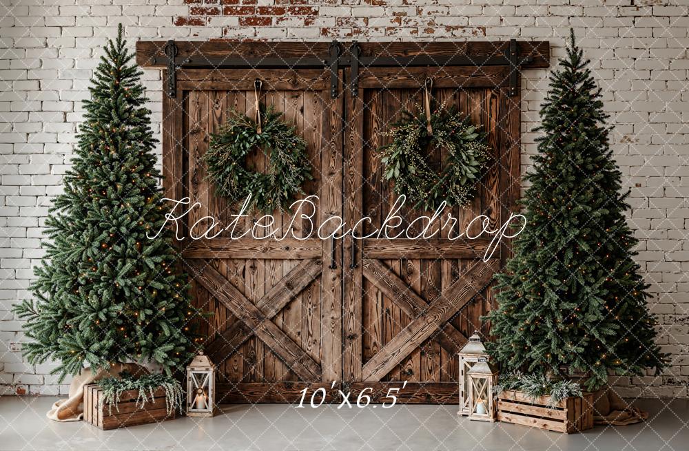 Kate Christmas Barn Door Wreath Trees Fleece Backdrop Designed by Emetselch -UK