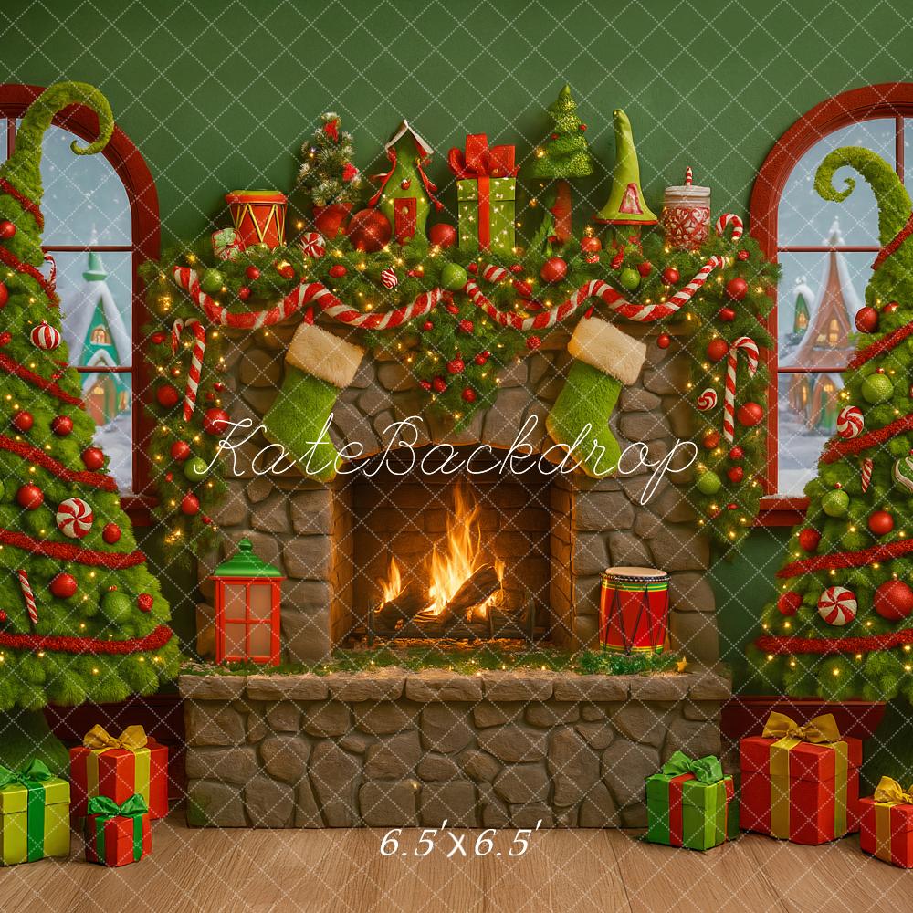 Kate Christmas Fireplace Curved Trees Presents Backdrop Designed by Ashley Paul