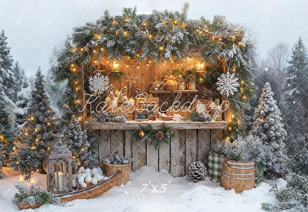 Kate Christmas Snowy Cabin Pine Garland Backdrop Designed by Emetselch