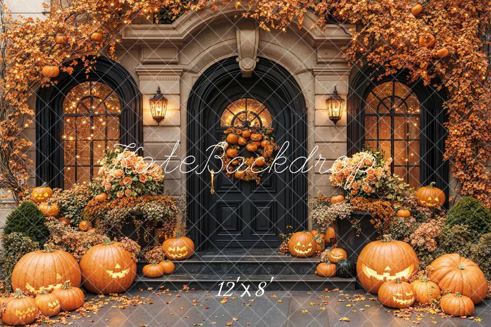 Kate Halloween Pumpkins Autumn Porch Fleece Backdrop Designed by Emetselch -UK