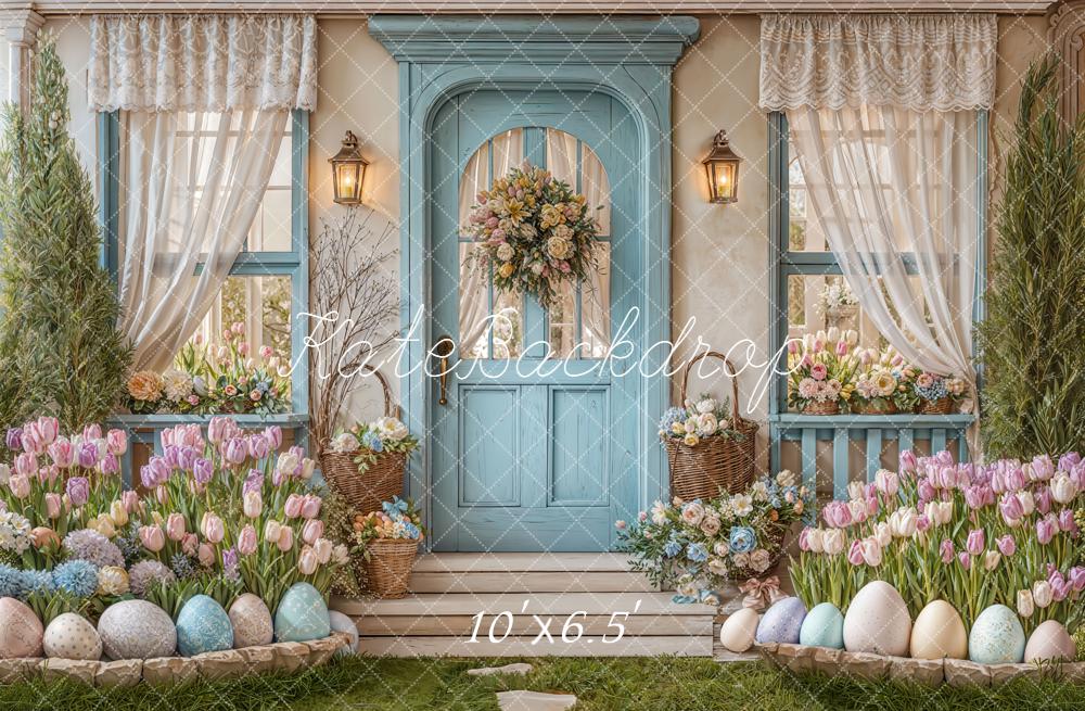 Kate Easter Eggs Pastel Floral Blue Door Backdrop Designed by Emetselch -UK