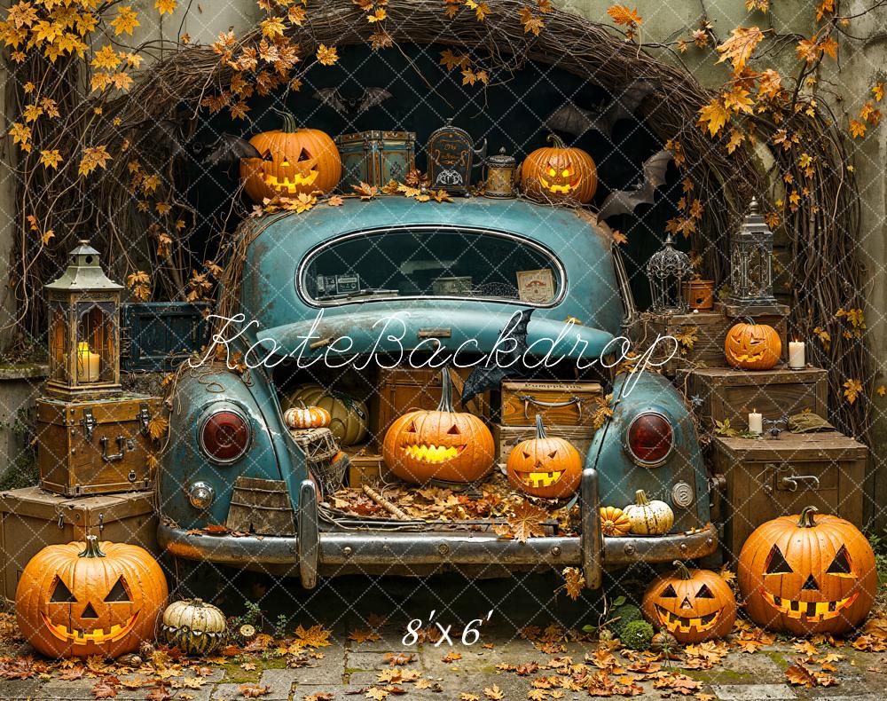 Kate Halloween Car Pumpkins Autumn Leaves Fleece Backdrop Designed by Emetselch -UK
