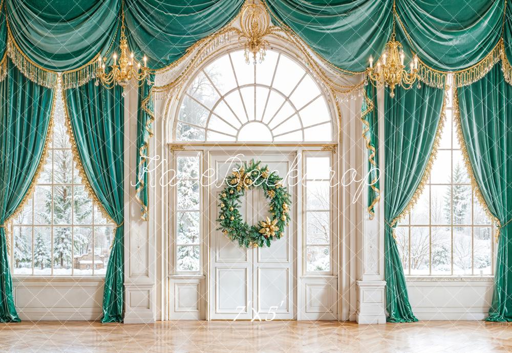 Kate Christmas Wreath Grand Windows Green Curtains Backdrop Designed by Emetselch -UK