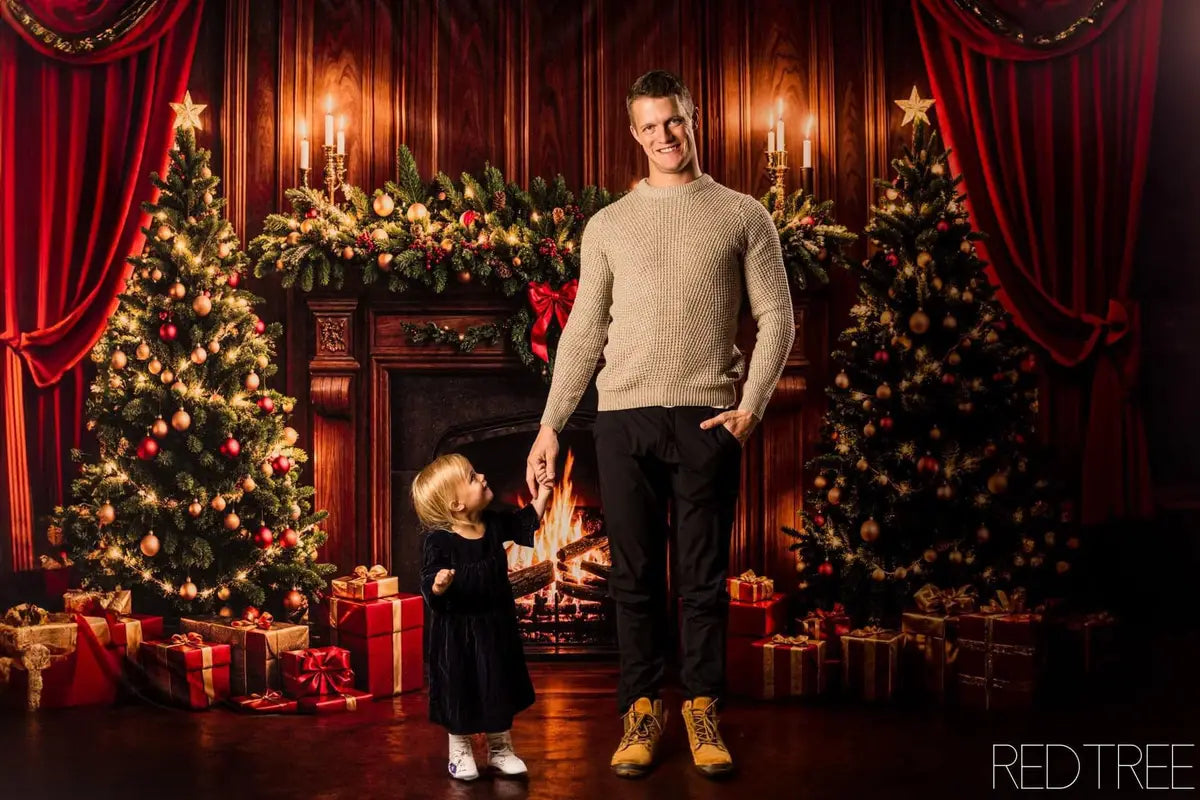 Kate Christmas Fireplace Tree Brown Retro Wall Backdrop Designed by Emetselch