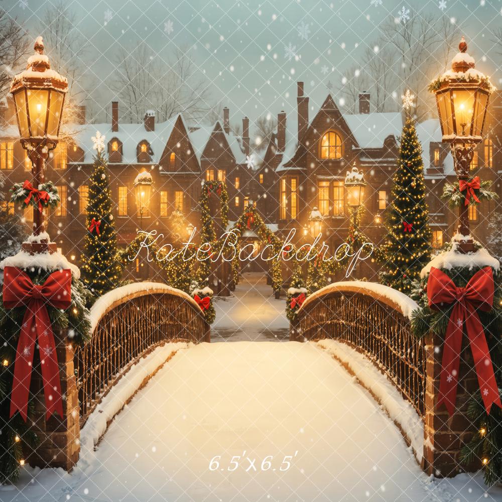 Kate Christmas Snowy Bridge Streetlamps Houses Backdrop Designed by Emetselch -UK