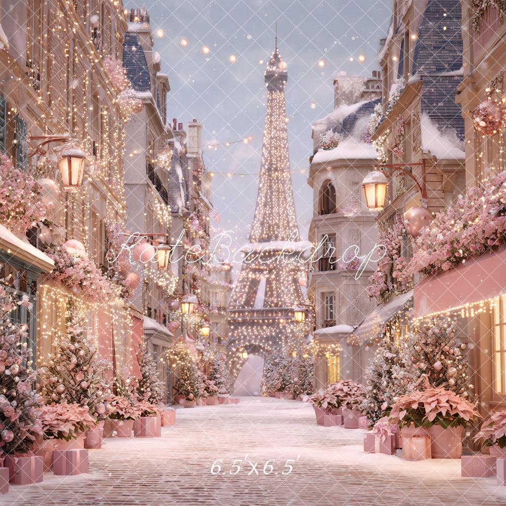 Kate Christmas Street Eiffel Tower Pink Backdrop Designed by Ashley Paul
