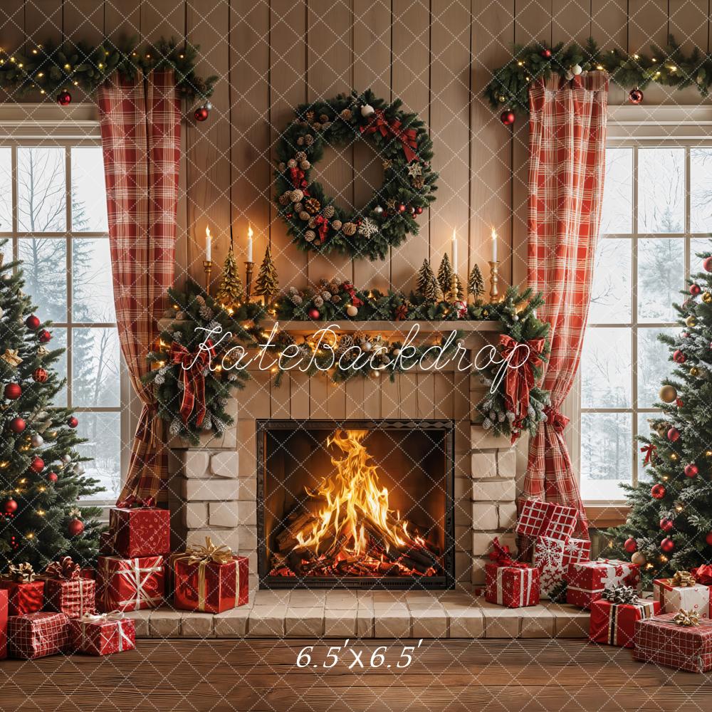 Kate Christmas Fireplace Wreath Trees Backdrop Designed by Emetselch