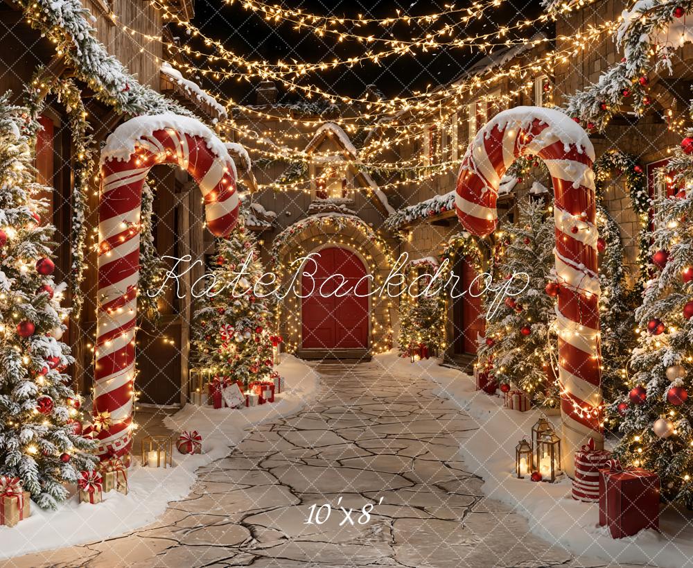 Kate Christmas Candy Cane Snowy Path Fleece Backdrop Designed by Emetselch