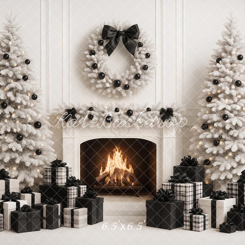 Kate Christmas White Trees Fireplace Black Presents Backdrop Designed by Ashley Paul