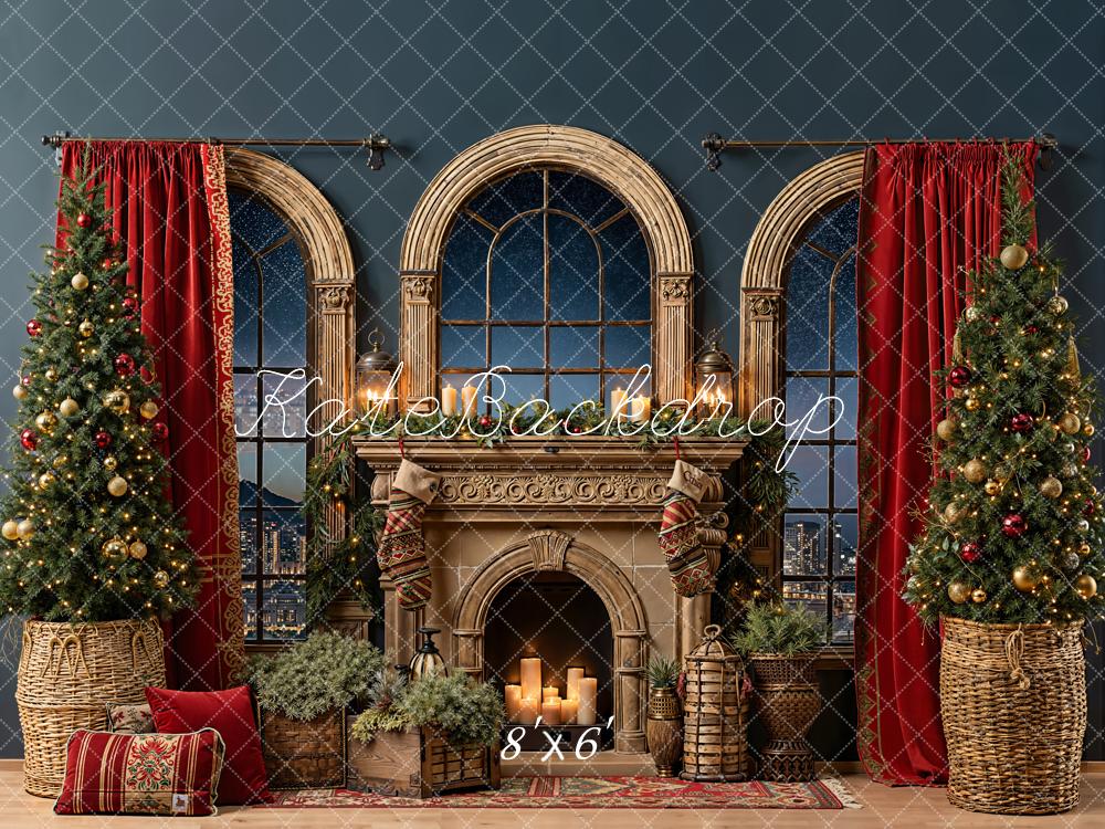 Kate Christmas Fireplace Arched Windows Trees Fleece Backdrop Designed by Emetselch