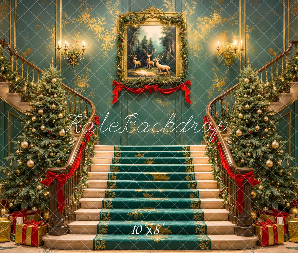 Kate Christmas Cascading Stairs Trees Fleece Backdrop Designed by Emetselch -UK