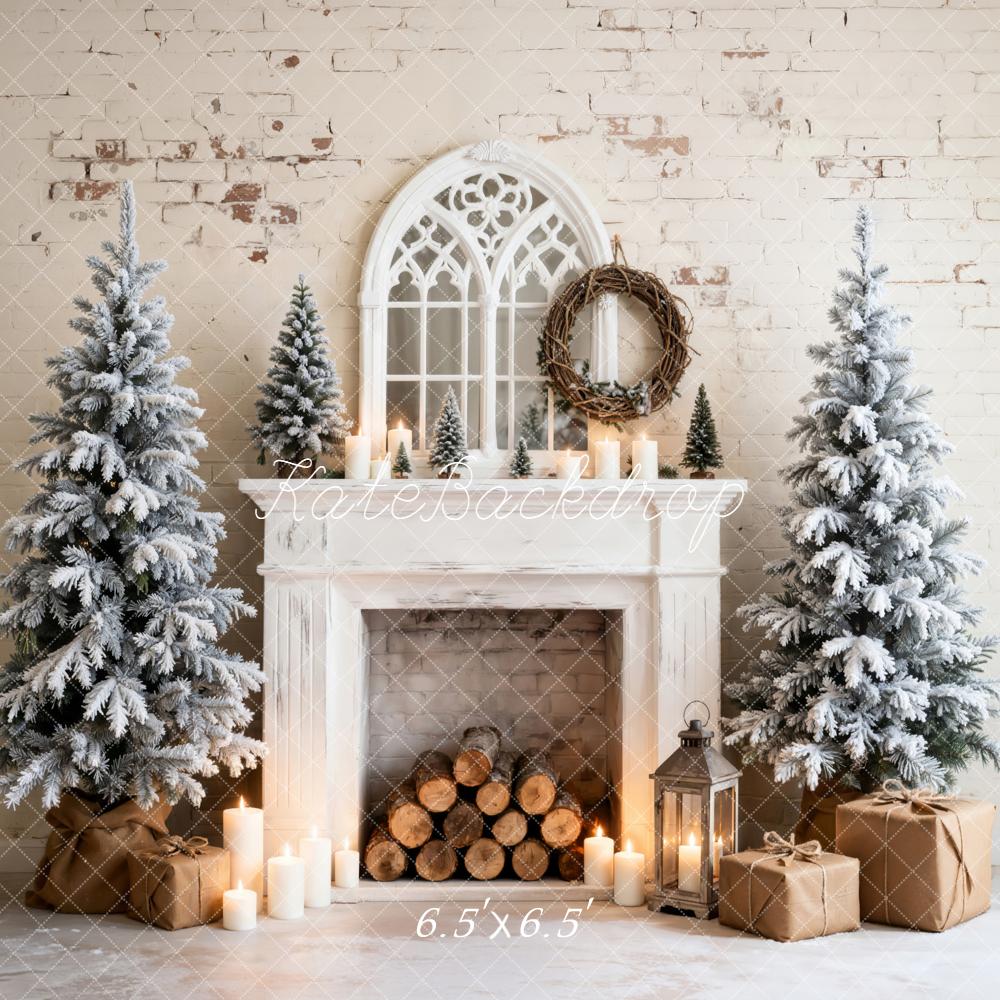 Kate Christmas Fireplace Snowy Trees Gifts Backdrop Designed by Emetselch