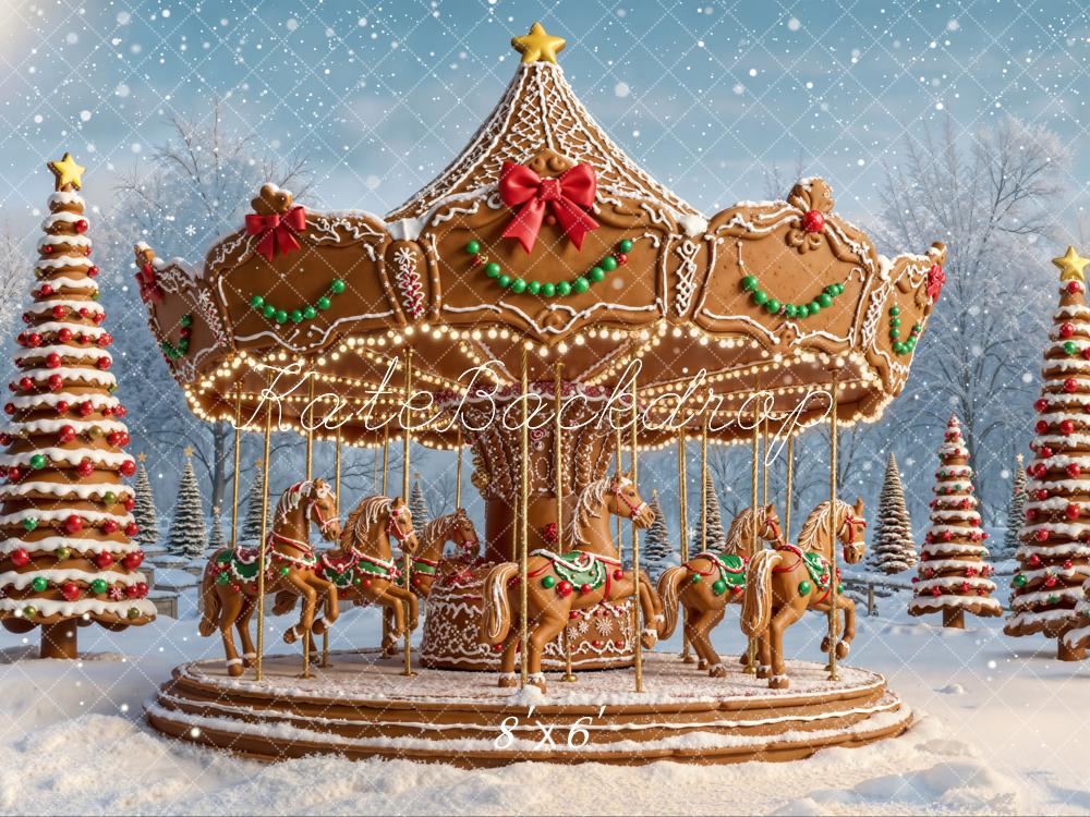 Kate Christmas Carousel Gingerbread Trees Snow Fleece Backdrop Designed by Emetselch