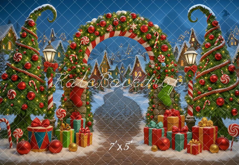 Kate Christmas Arch Candy Trees Presents Village Backdrop Designed by Ashley Paul