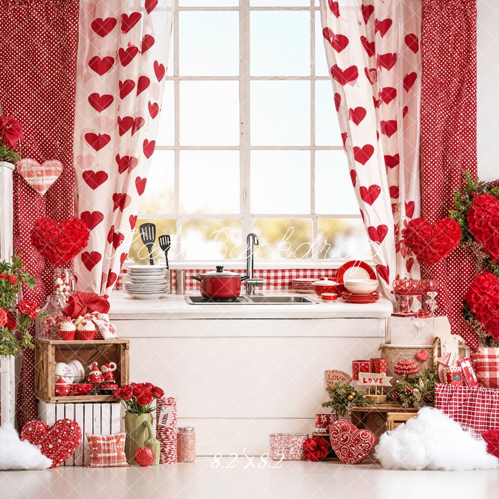 Kate Valentine Kitchen Hearts Decor Red Backdrop Designed by Emetselch -UK