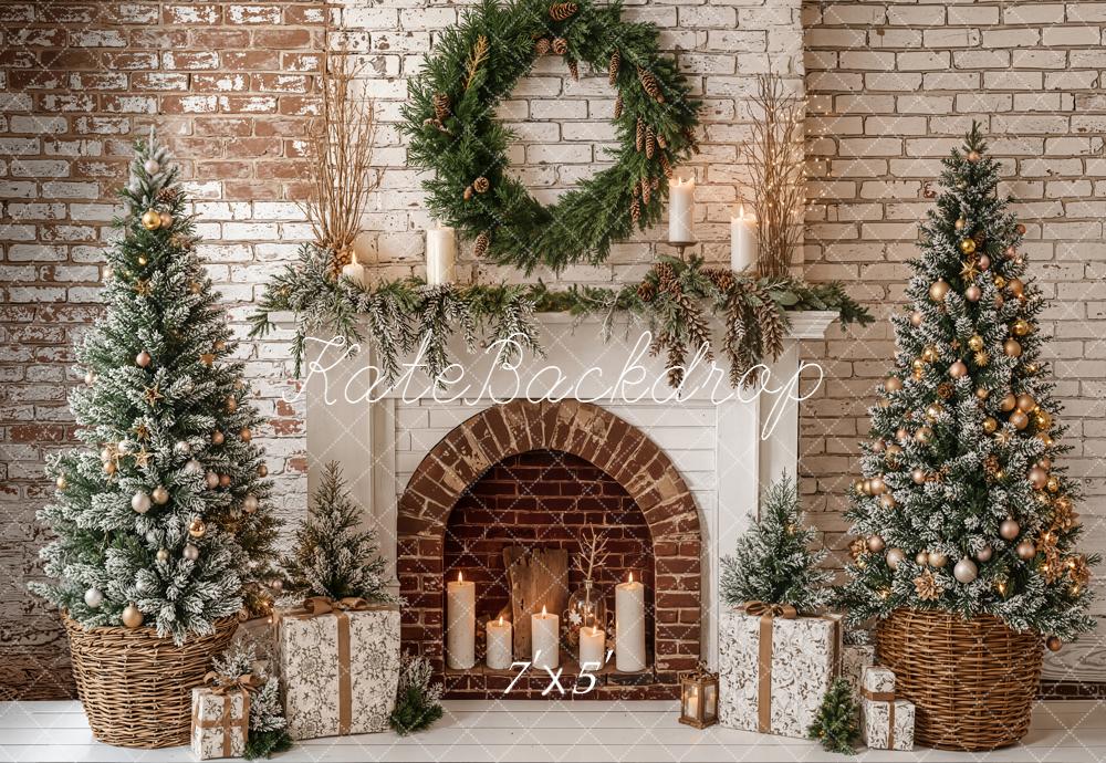 Kate Christmas Fireplace Brick Wall Frosted Trees Backdrop Designed by Emetselch