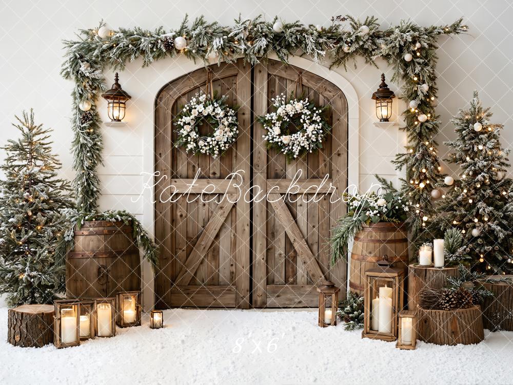 Kate Christmas Wooden Door Garland Trees Fleece Backdrop Designed by Emetselch