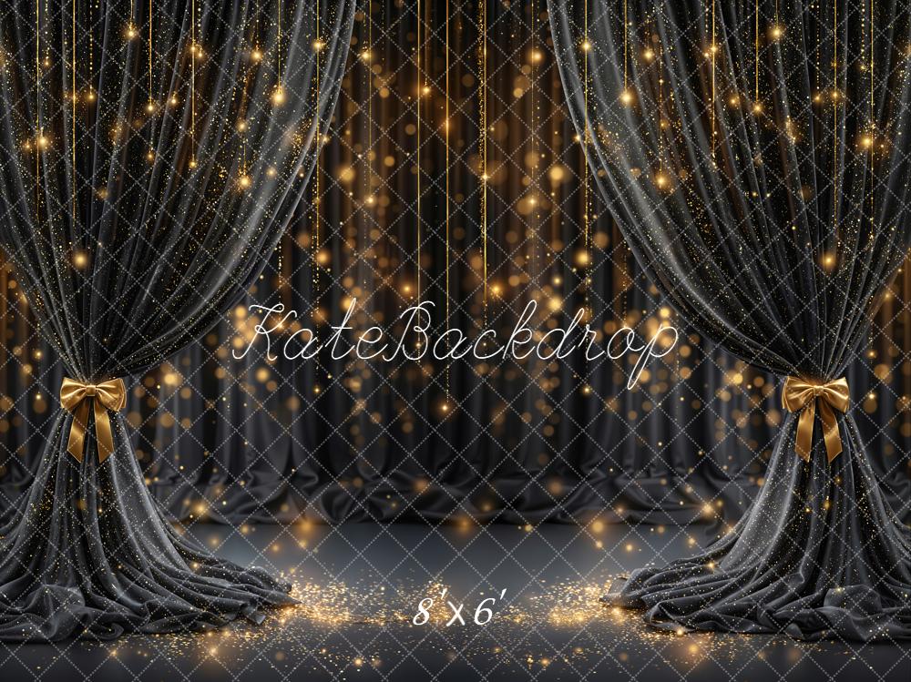 Kate Black Curtain Gold Lights Fleece Backdrop Designed by Emetselch -UK