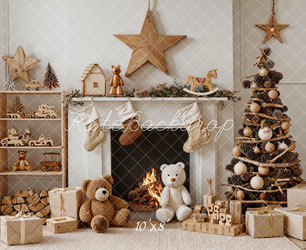 Kate Christmas Fireplace Tree Toys Fleece Backdrop Designed by Emetselch -UK