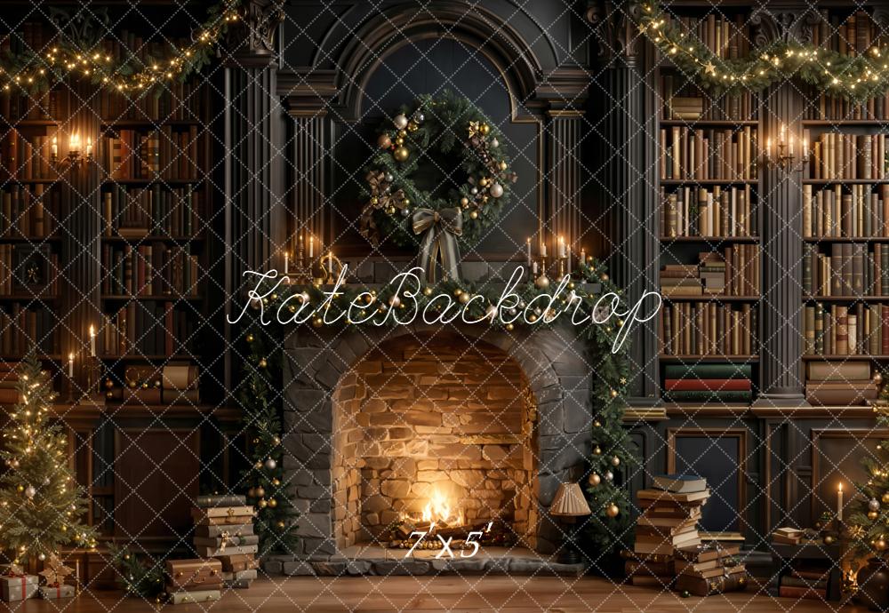 Kate Christmas Fireplace Wreath Bookshelves Backdrop Designed by Emetselch
