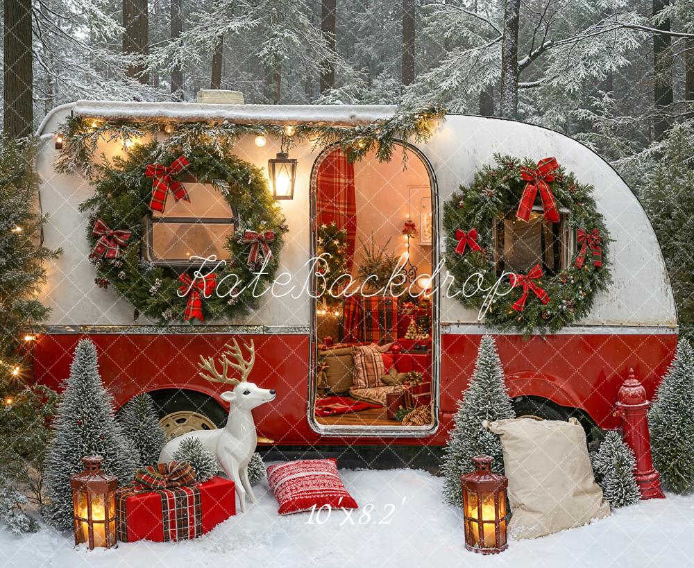 Kate Christmas Caravan Wreaths Presents Forest Fleece Backdrop Designed by Emetselch -UK