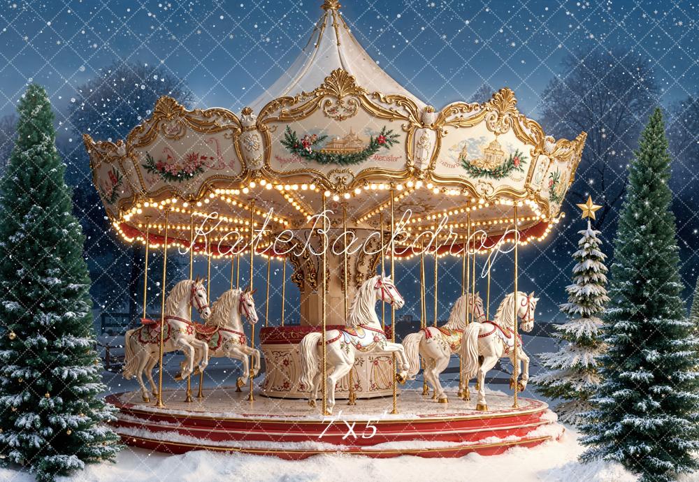 Kate Carousel Horses Snowy Christmas Trees Backdrop Designed by Emetselch