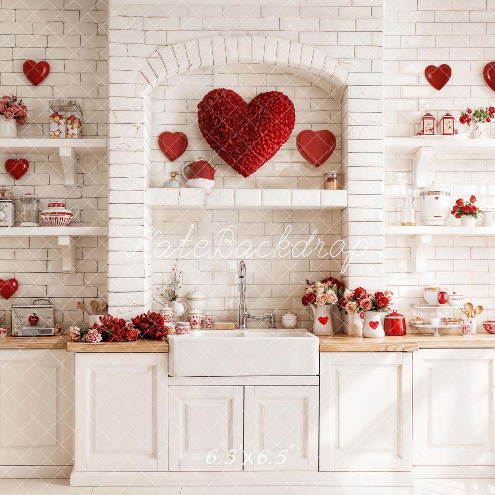 Kate Valentine Red Hearts White Kitchen Backdrop Designed by Emetselch