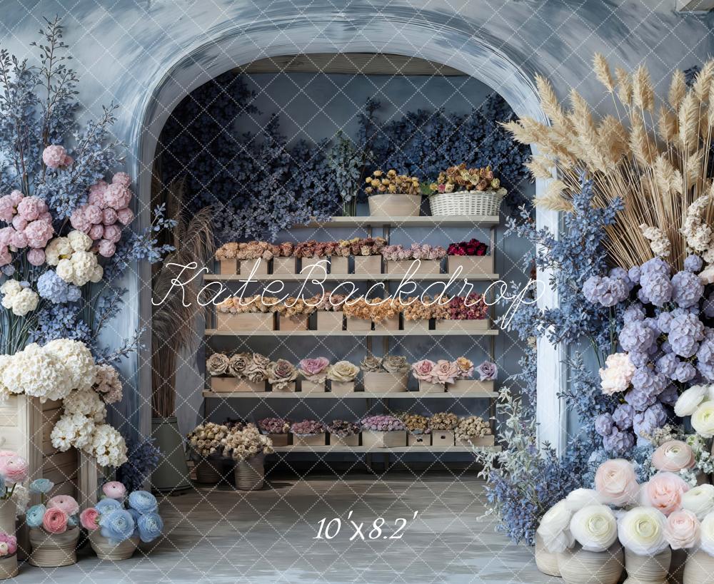 Kate Flower Arch Shelves Pastel Flowers Blue Backdrop Designed by Mini MakeBelieve -UK