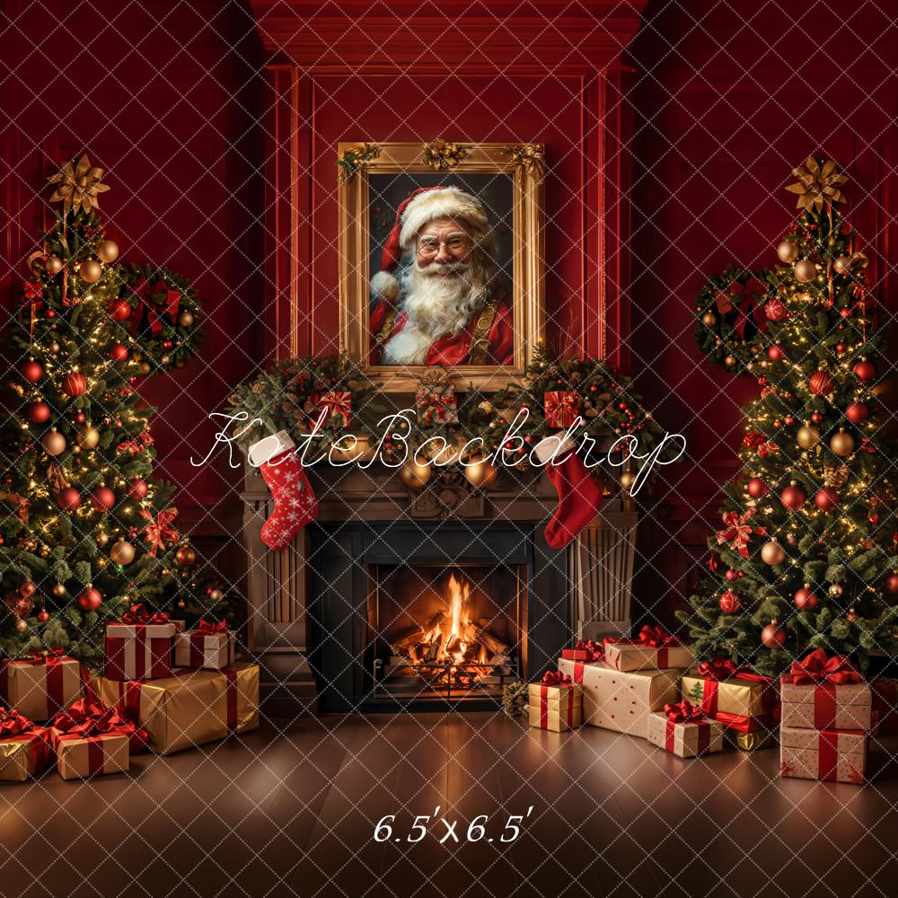 Kate Christmas Retro Fireplace Red Wall Backdrop Designed by Emetselch -UK