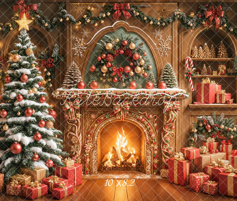 Kate Christmas Fireplace Tree Presents Garland Fleece Backdrop Designed by Emetselch -UK