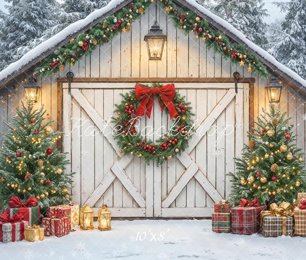 Kate Christmas Barn Door Wreath Trees Fleece Backdrop Designed by Emetselch -UK