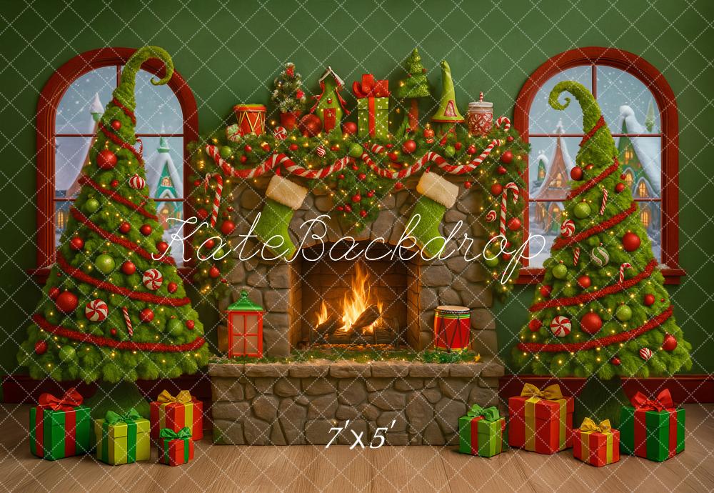 Kate Christmas Fireplace Curved Trees Presents Backdrop Designed by Ashley Paul