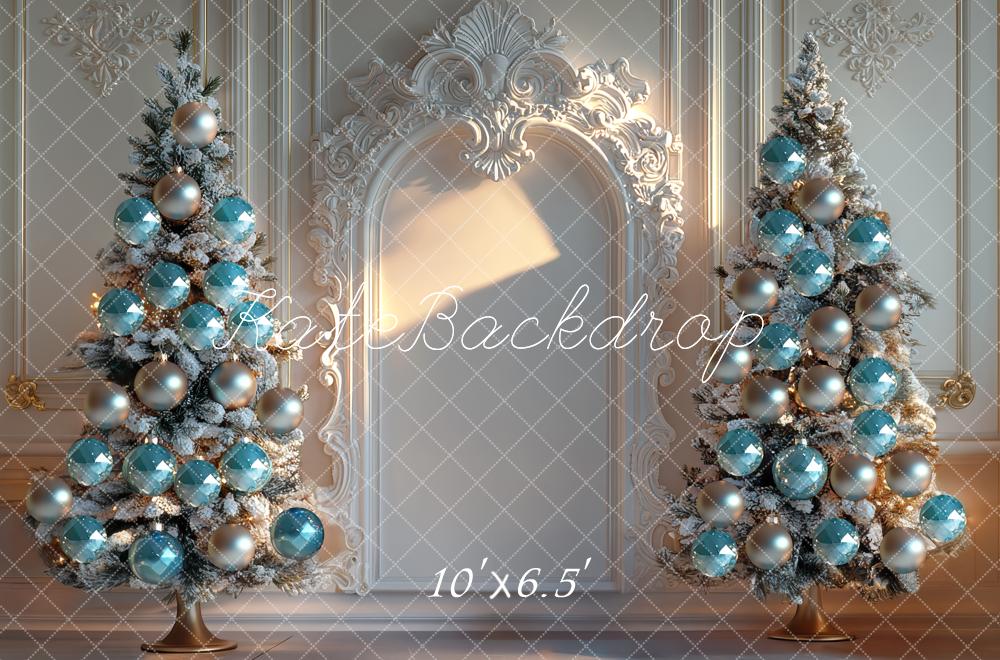 Kate Christmas Blue Baubles Trees Ornate Backdrop Designed by Mini MakeBelieve -UK